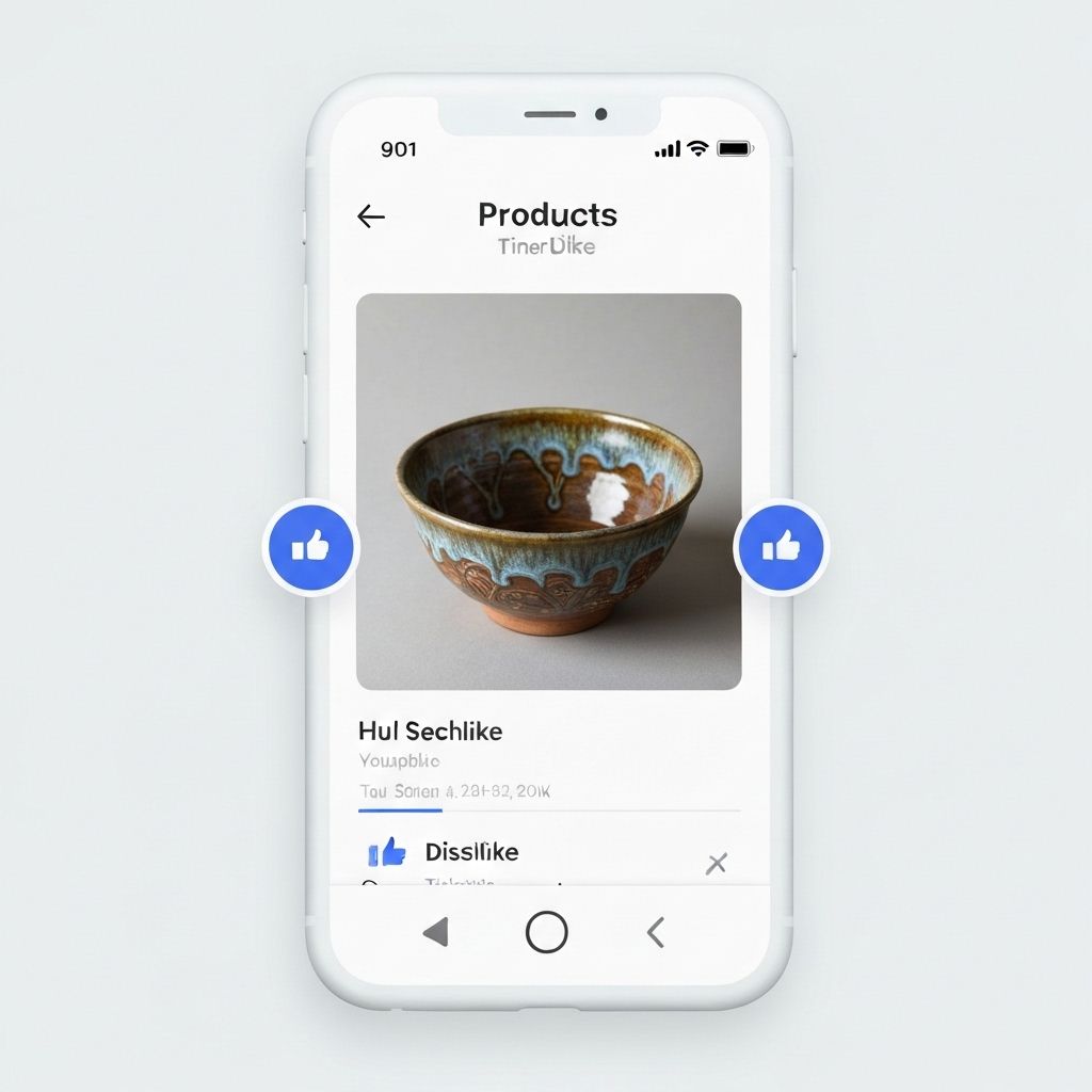Mobile phone showing swipe interface with product cards